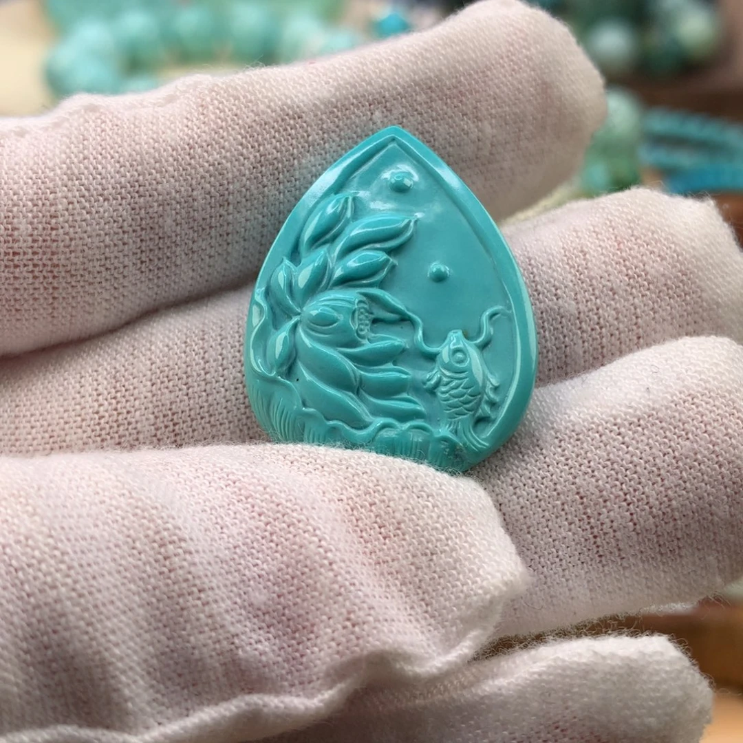 绿松石未镶嵌珠宝奇石高瓷蓝绿荷花21.9*28.6mm