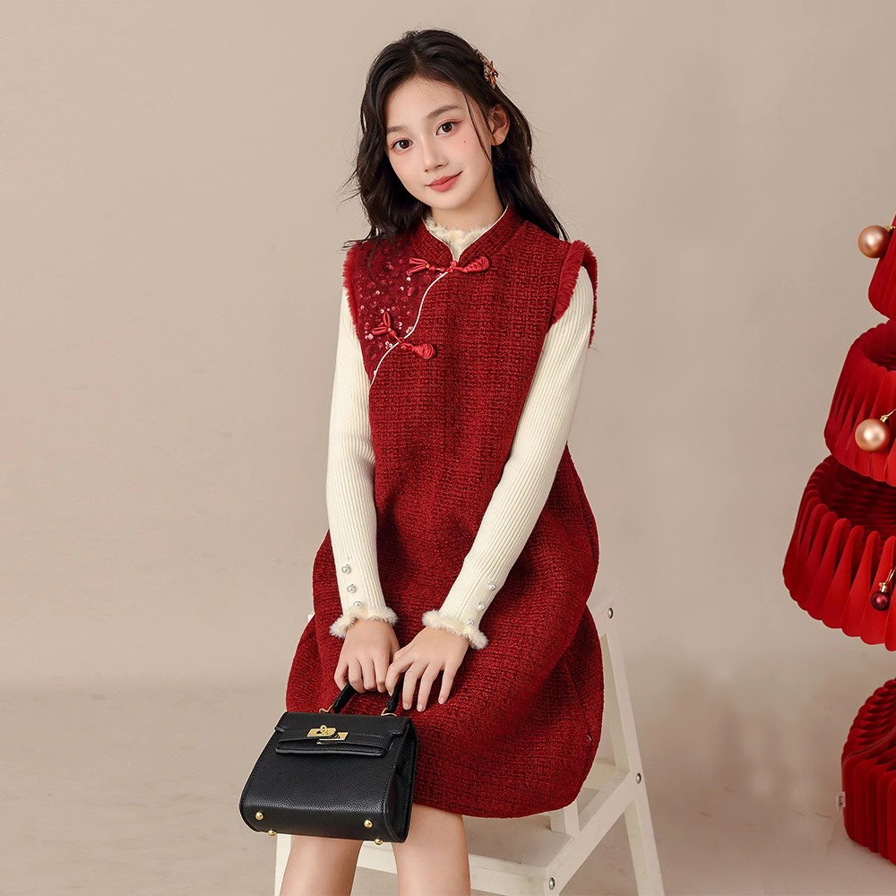 女童加绒两件套装高级感国风改良版旗袍裙子秋冬款背心连衣裙套装