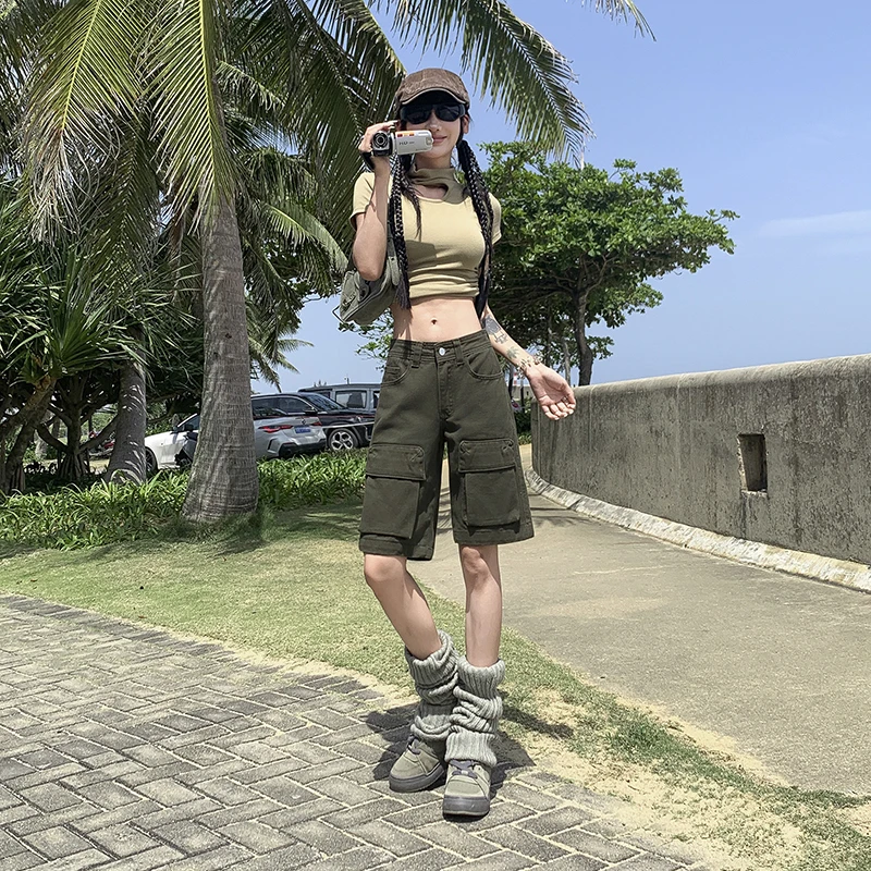 复古多口袋工装牛仔中裤女2025夏季新款爆款宽松显瘦直筒五分短裤