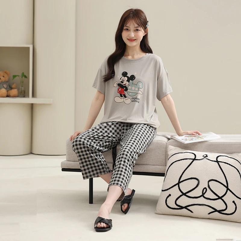 莫代尔睡衣女士夏季短袖长裤薄款宽松可外穿女款家居服夏天套装