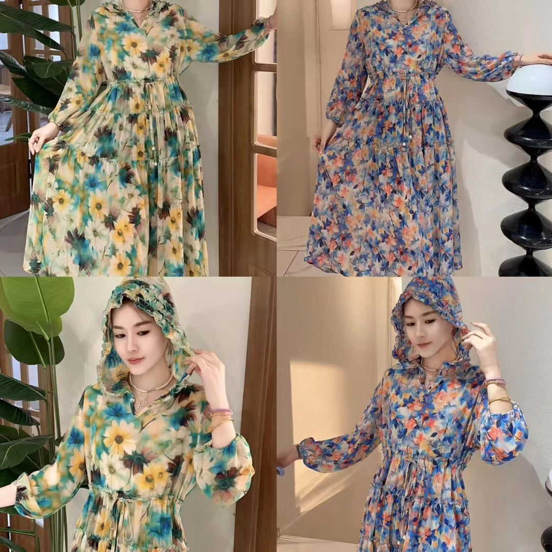 高品雪纺连衣裙 不带衬 双飞边 连帽款 宽松时尚洋气