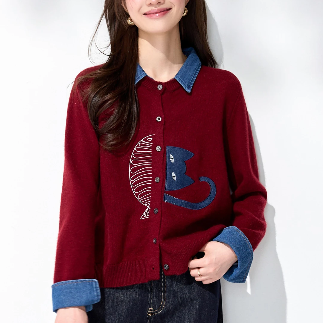 牛仔拼接毛衣开衫2026春季新款女装上衣外搭漂亮洋气独特针织外套
