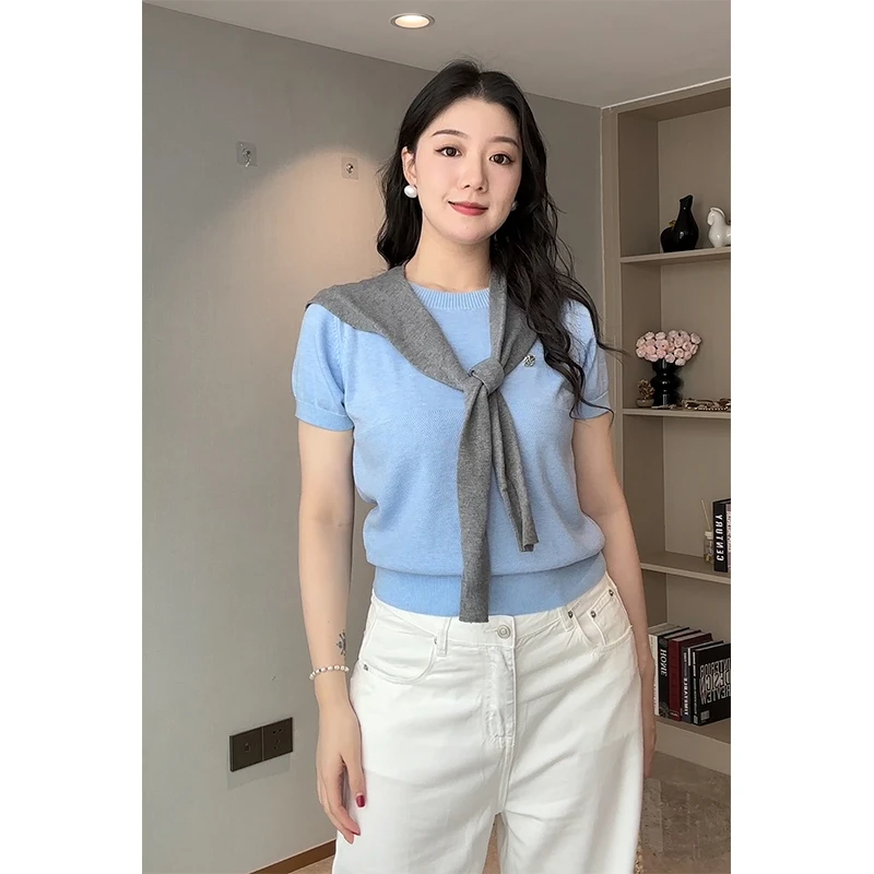 胖mm早秋气质通勤设计感拼接羊毛毛衣女天丝棉高腰白色阔腿牛仔裤