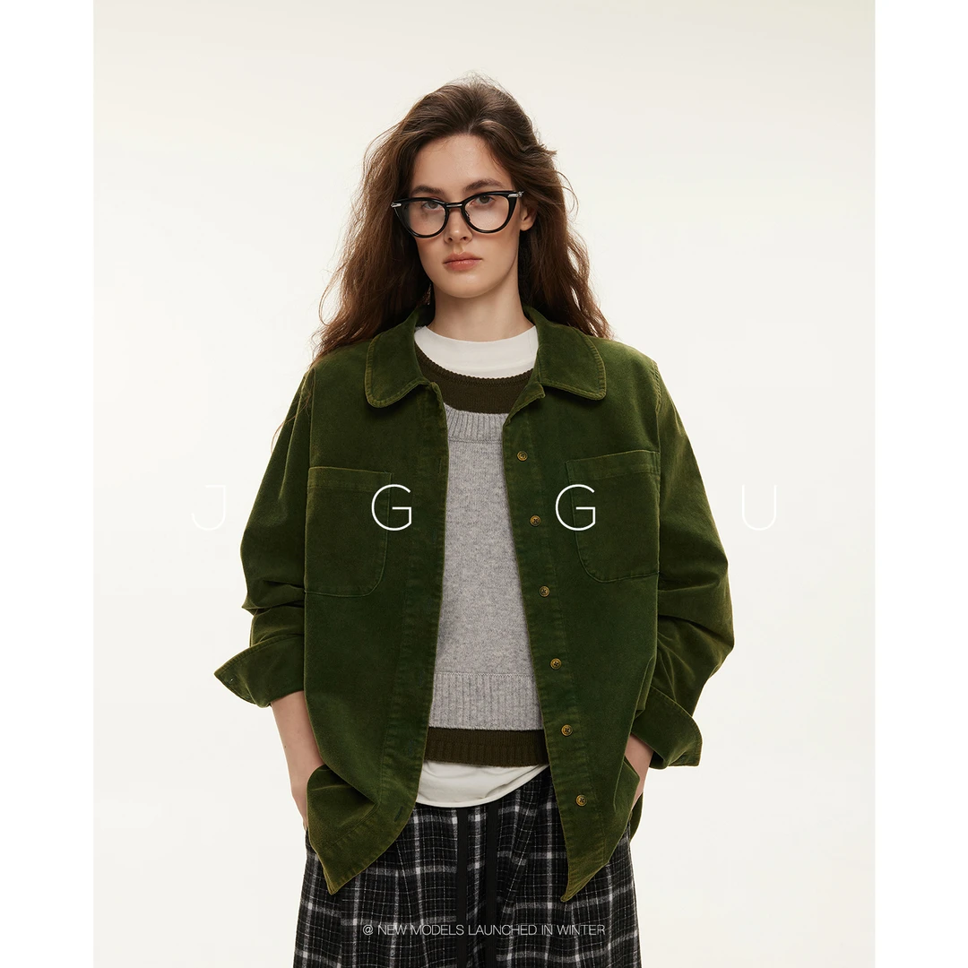 JGGU晶咕黑标【冰冻苔原】复古做旧灯芯绒气质衬衫JG2A4CS045A