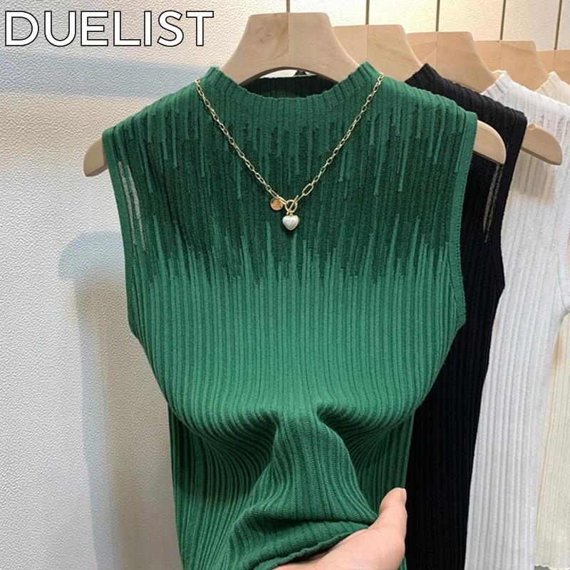 DUELIST时尚百搭流行爆款无袖针织背心打底衫女镂空纯色内搭上衣