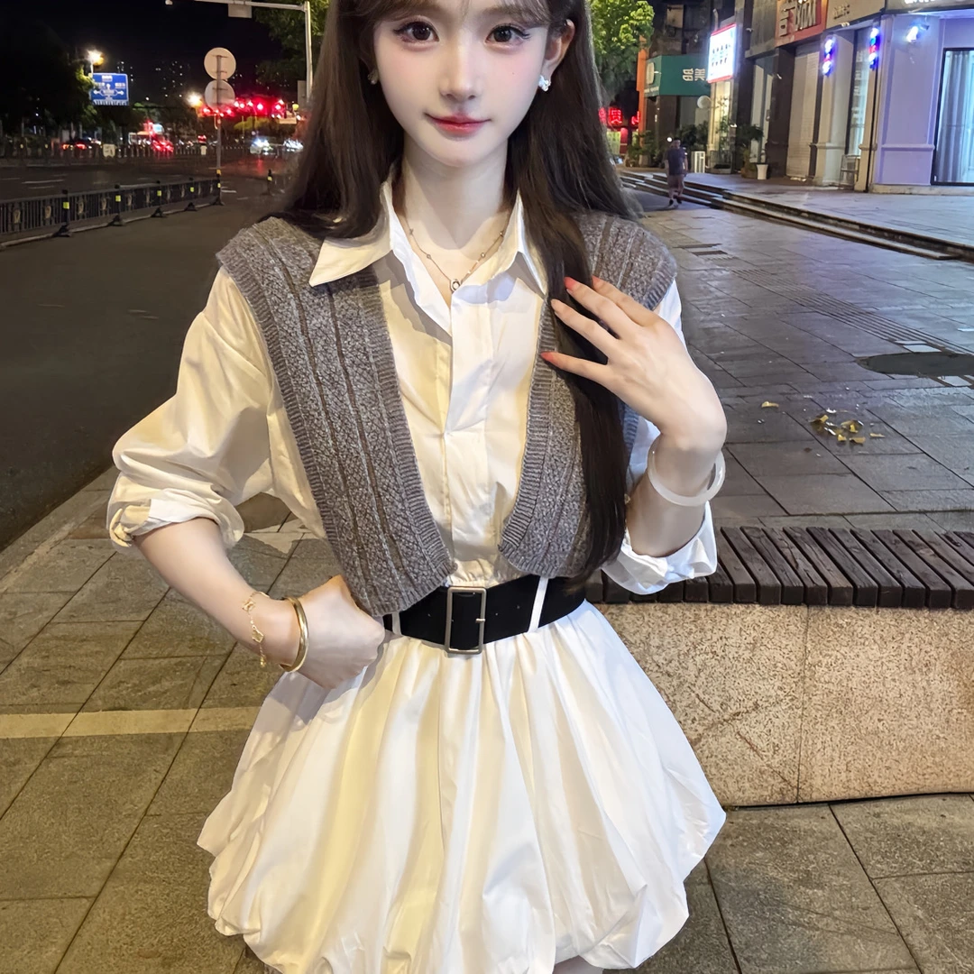 【设计感翻领腰部收腰长袖格子衬衫连衣裙】