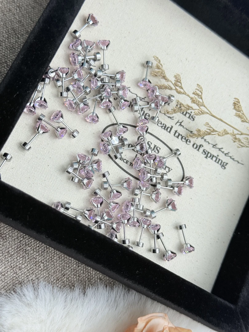 钛钢锆石耳饰 A295 深粉色鸟巢切锆石6mm耳骨钉耳钉耳蜗钉