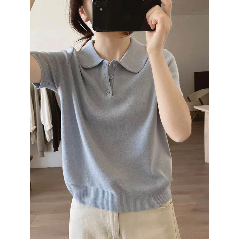 蓝色娃娃领针织衫T恤女式春夏季新款简约小众设计感减领短袖上衣
