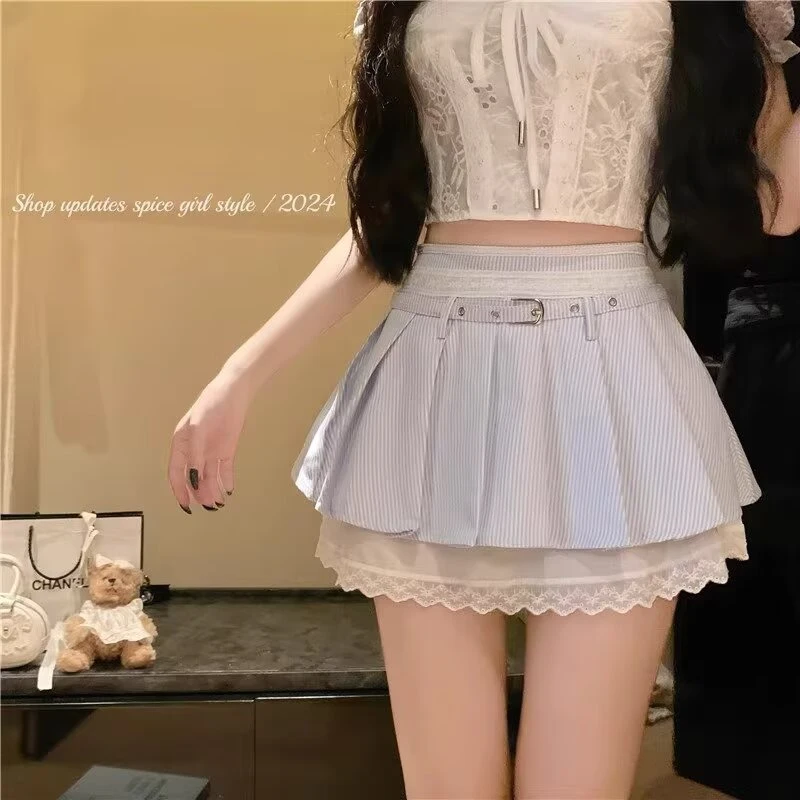 ins风甜辣妹低腰防走光A字半身裙甜美可爱温柔蕾丝边条纹百褶短裙
