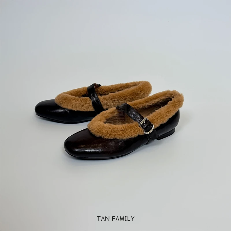 【老谭家】秋冬羊羔毛圆头浅口玛丽珍平底鞋女羊皮平跟软底单鞋舒适