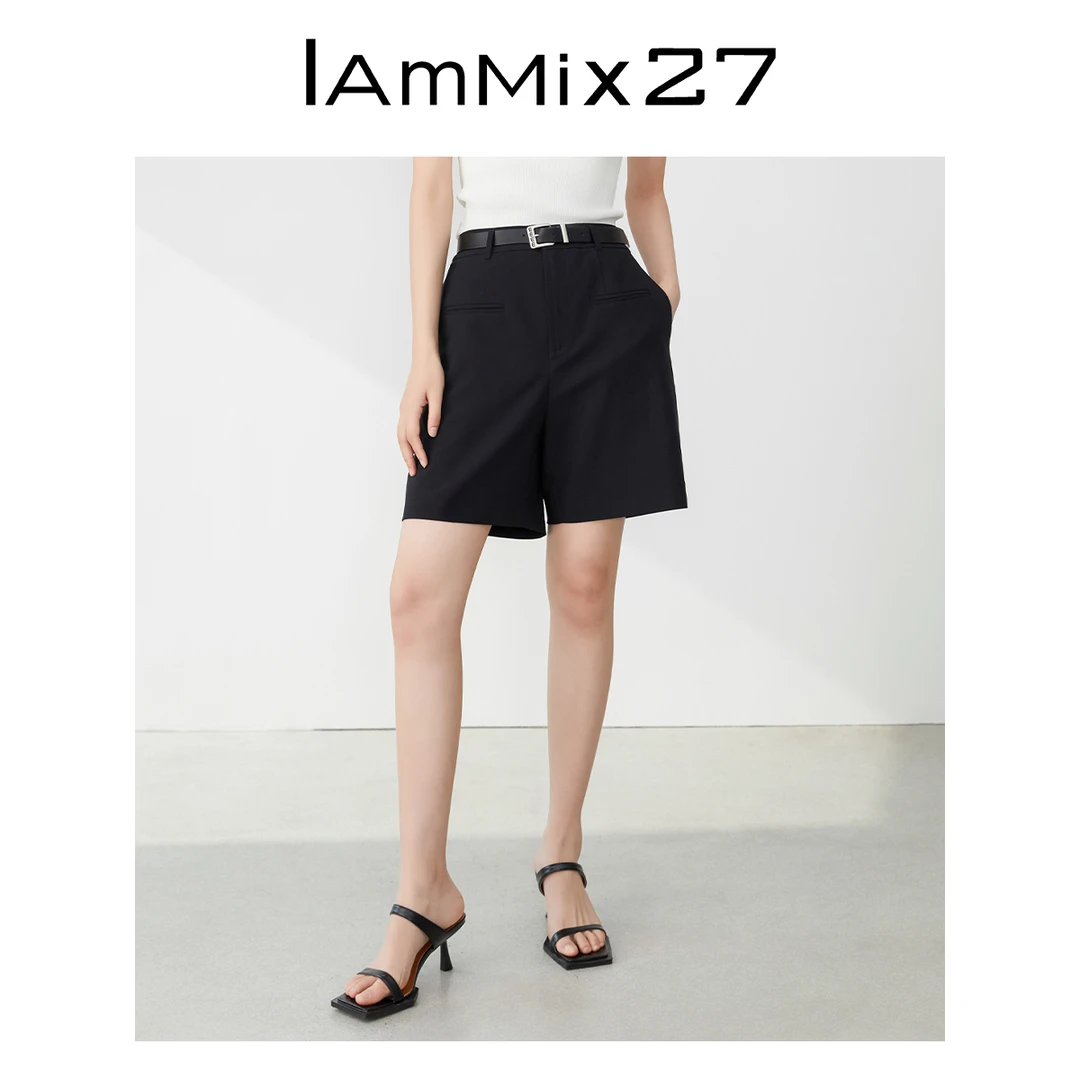 Iammix27高腰休闲短裤女简约百搭显瘦显腿长休闲直筒裤女M4B7089