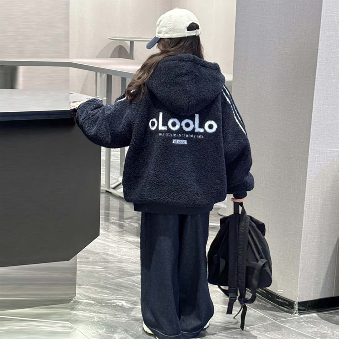 女童外套秋冬装2025新款女大童加绒加厚毛毛衣儿童冬季双面穿上衣