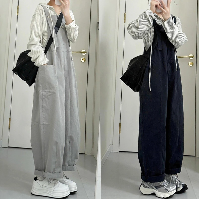 KSKM灰色背带裤女2026春季新款美式复古小个子宽松风显瘦阔腿长裤