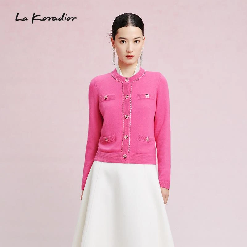 【晨粉专享价】La Koradior拉珂蒂修身春山羊绒纯色圆领针织开衫女