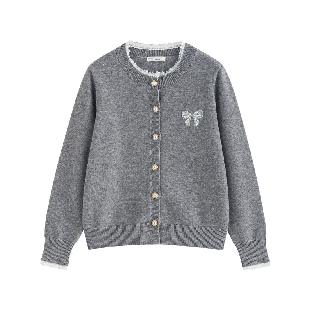 【含绵羊毛】茵曼秋圆领荷叶袖开衫毛衣慵懒百搭绣花纯色针织衫