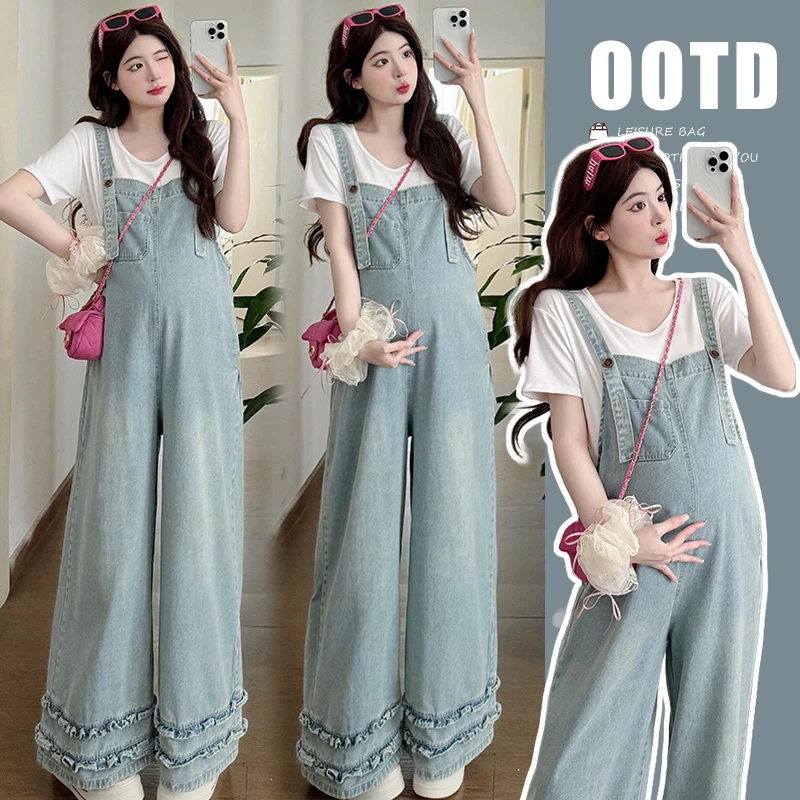 孕妇夏季2025孕妇休闲设计感牛仔背带裤+舒适薄款T打底减龄两件套