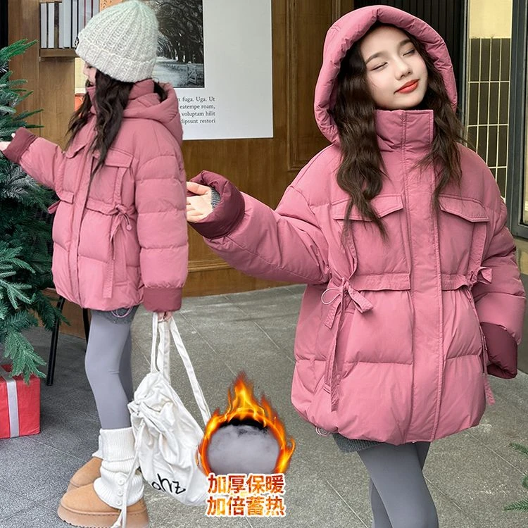 女大童加厚羽绒棉服冬装2025新款小女孩韩版连帽收腰冬季棉袄外套