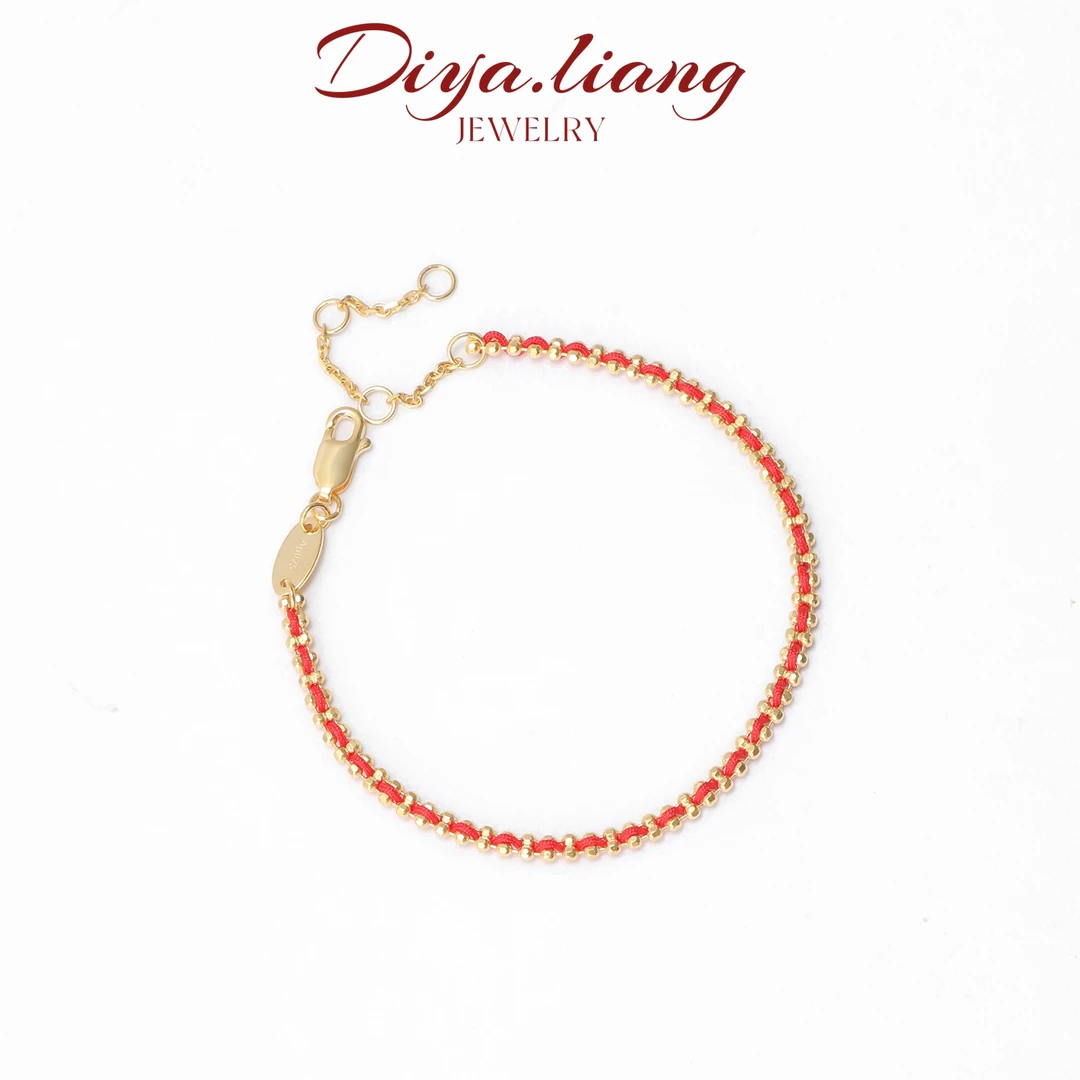 925银手链 梁雅帝新品【艳阳】红绳编织转运珠金色时尚纯银手链