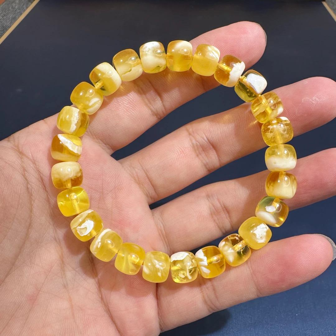 9mm天然原矿俄料蜜蜡金瓷白溶洞妖花老型单圈手串时尚经典百搭