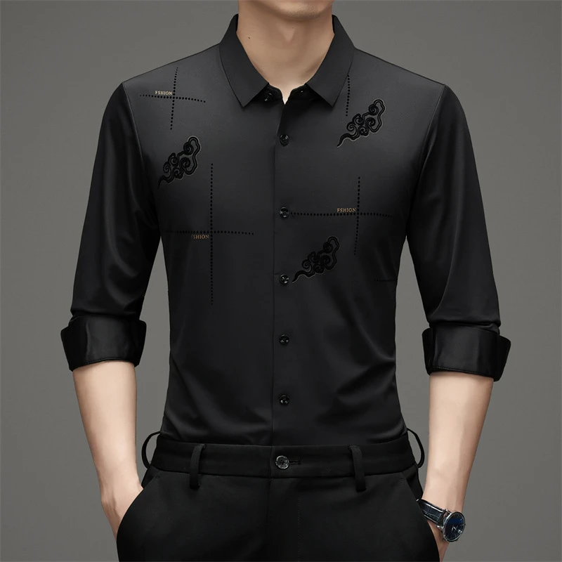 春秋新款男士丝滑抗皱免烫弹力长袖衬衫高档商务时尚无痕修身衬衣