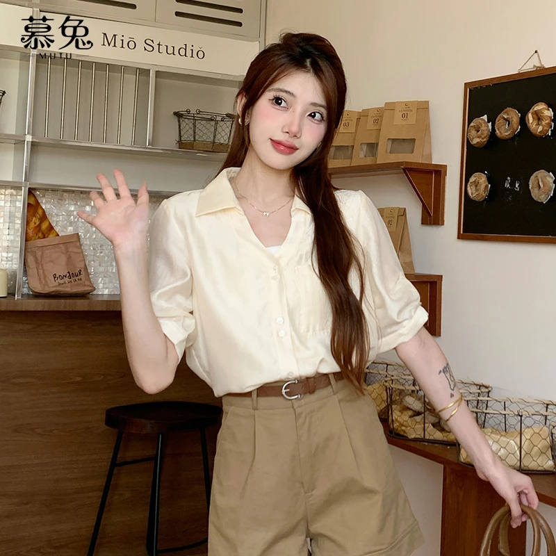 【粉丝专属】19785法式气质v领短袖衬衫女夏高级感修身五分袖上衣