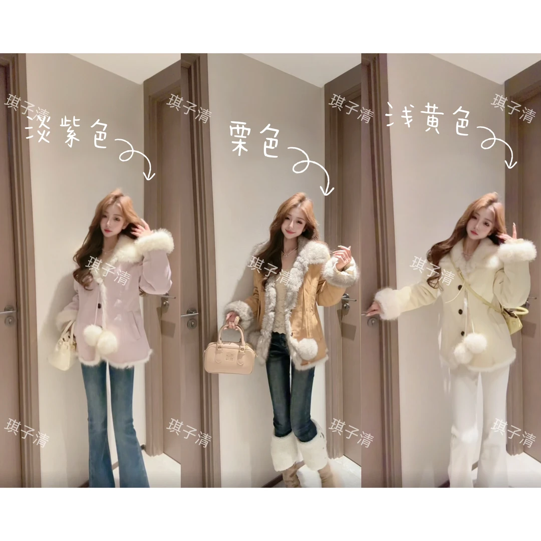 复古港风皮毛一体拼接翻领外套女冬季2025新款收腰显瘦外套