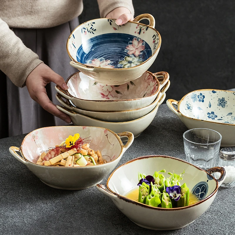 造器面碗双耳汤碗陶瓷餐具甜品碗高级感水果沙拉碗家用燕麦酸奶碗