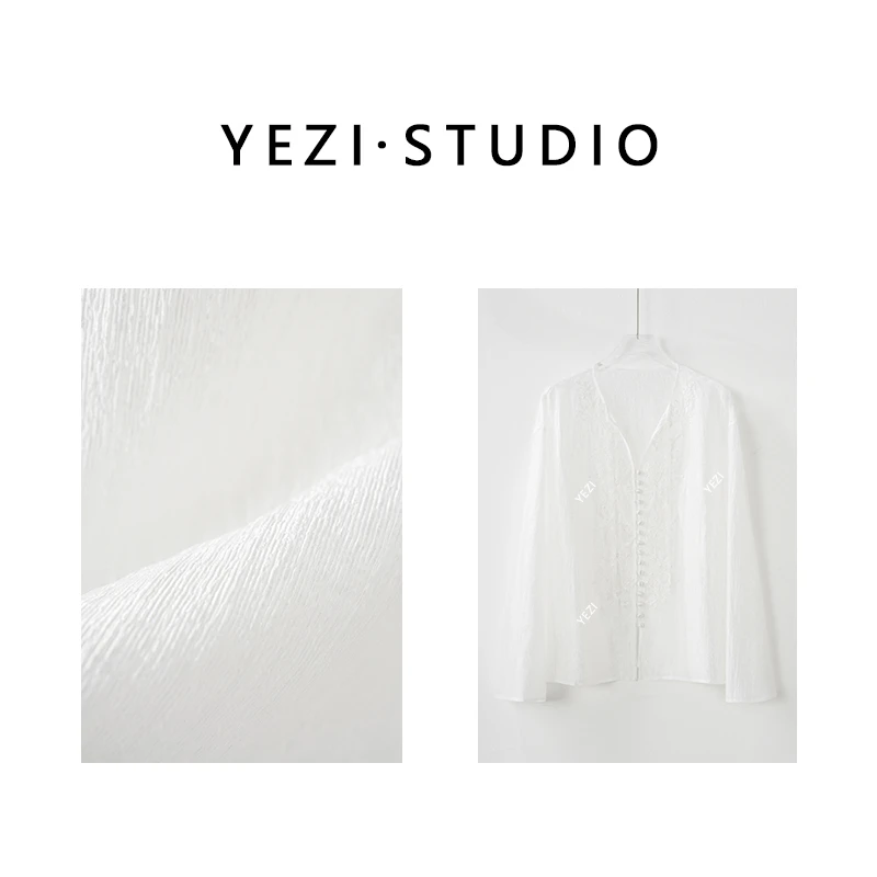 【浮光剪影】醋酸高品立体刺绣微透轻法式氛围v领衬衫25316005