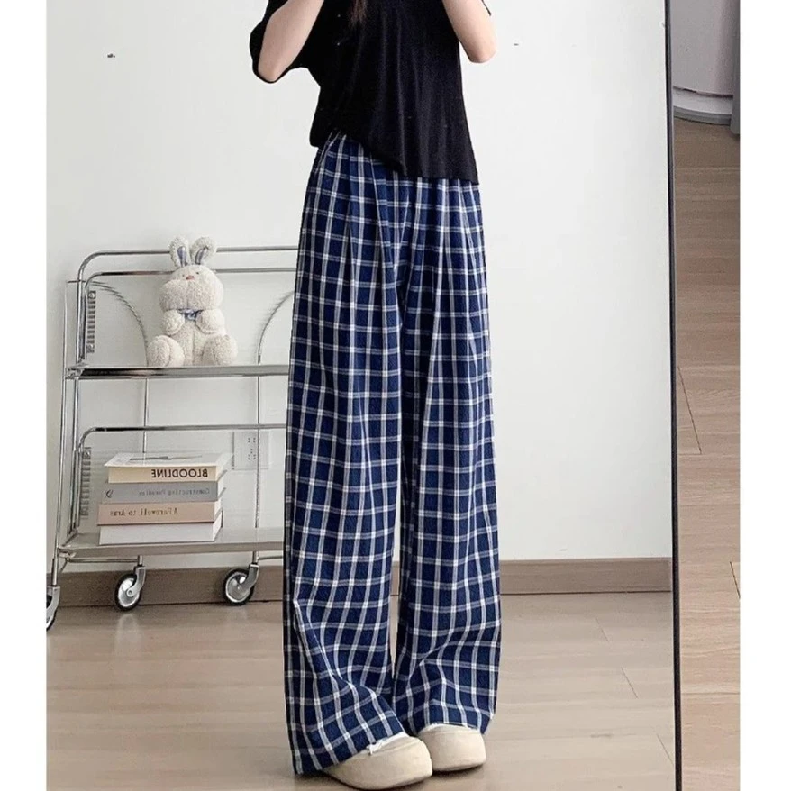 2025百搭阔腿裤格子休闲裤夏季显瘦山本直筒裤新款藏青色格子裤子