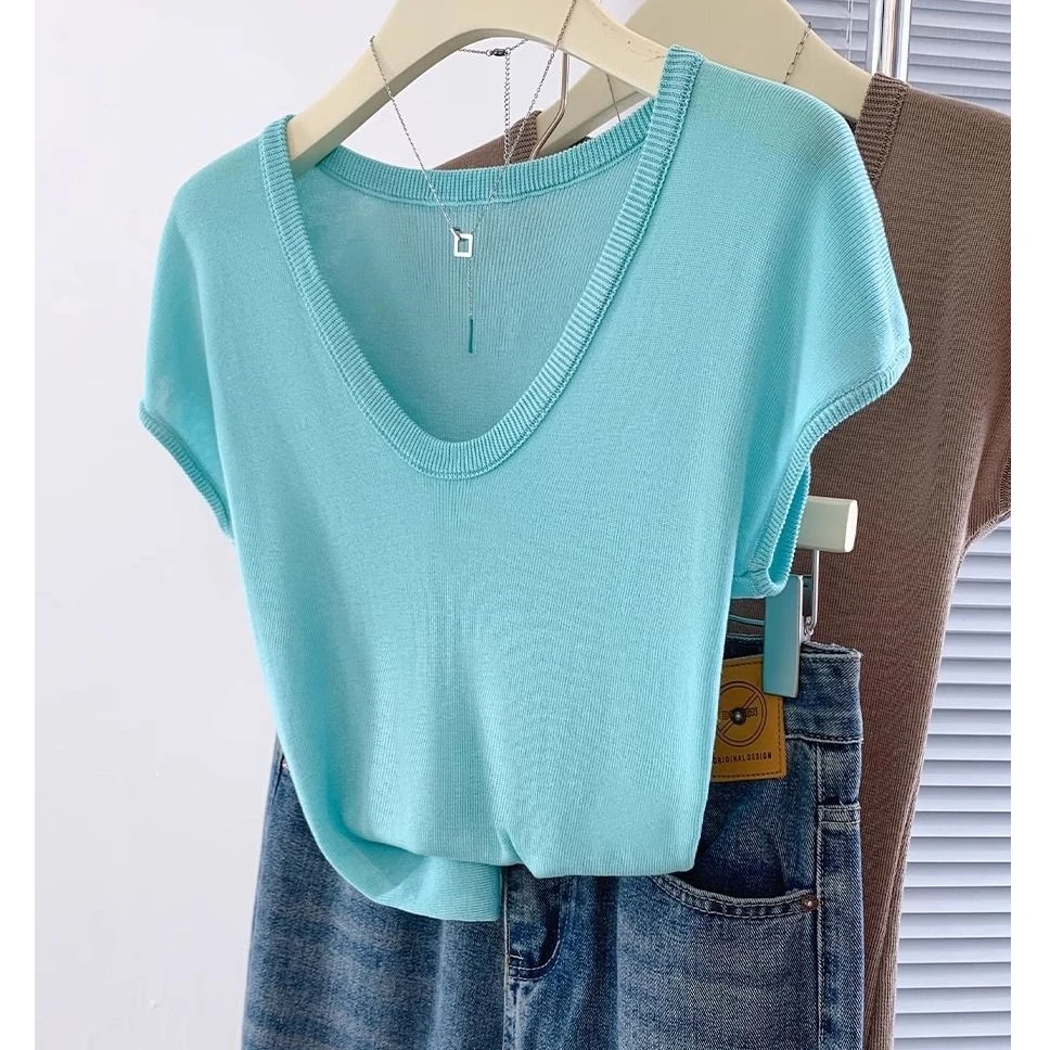 欧货U领高级感ins法式修身针织短袖女2025夏季显瘦薄款上衣打底衫