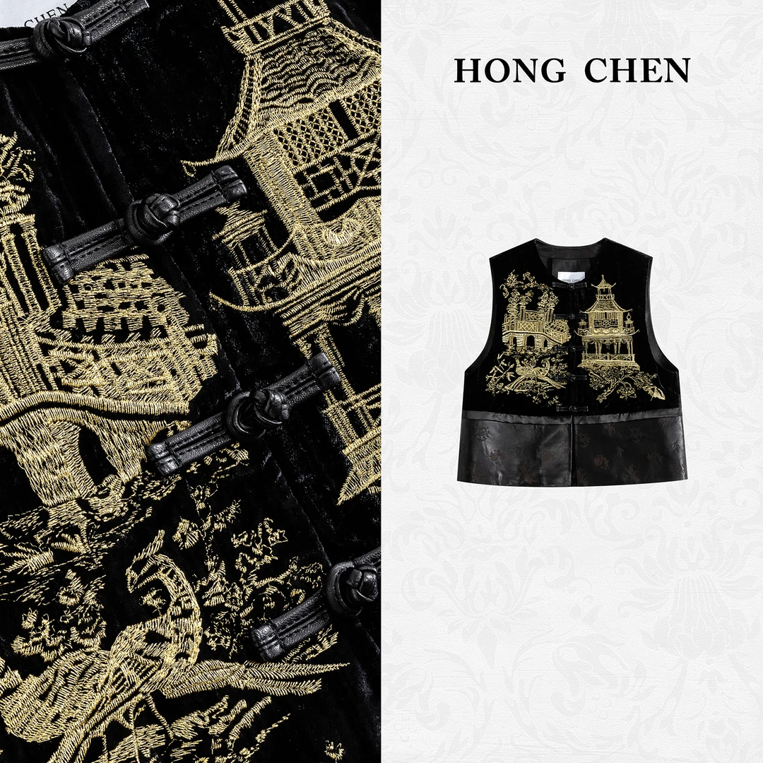 【虹辰·刺绣皮马夹】高端气质重工刺绣高级时尚优雅百搭休闲-HC1580