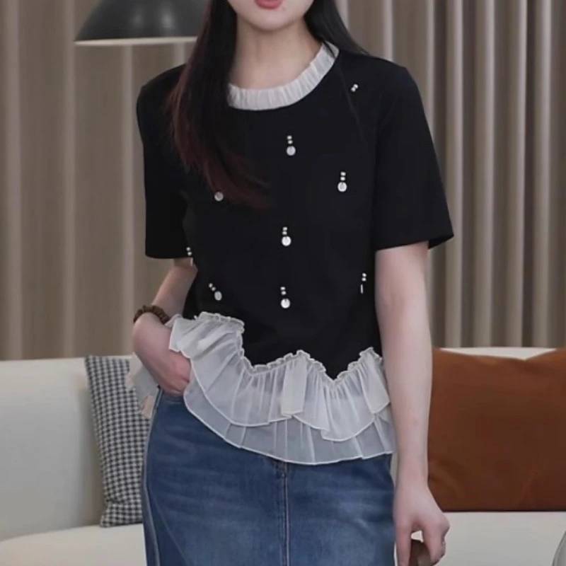 法式显瘦黑色网纱气质时尚T恤女大码胖MM洋气遮肉钉珠短袖上衣