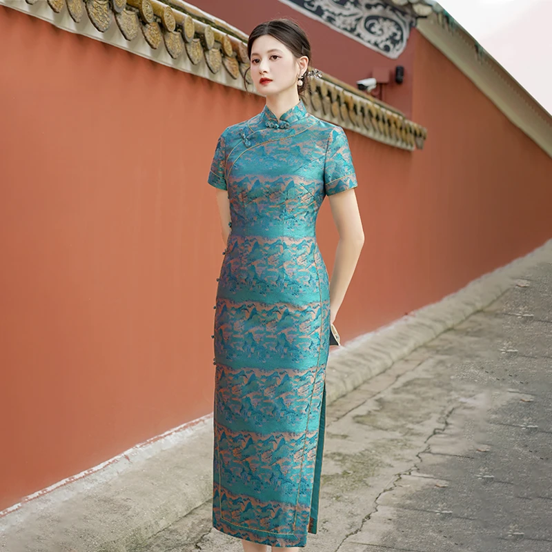 【千里江山图】桑蚕丝宋锦气质国风中式线香绲宽边高腰短袖旗袍
