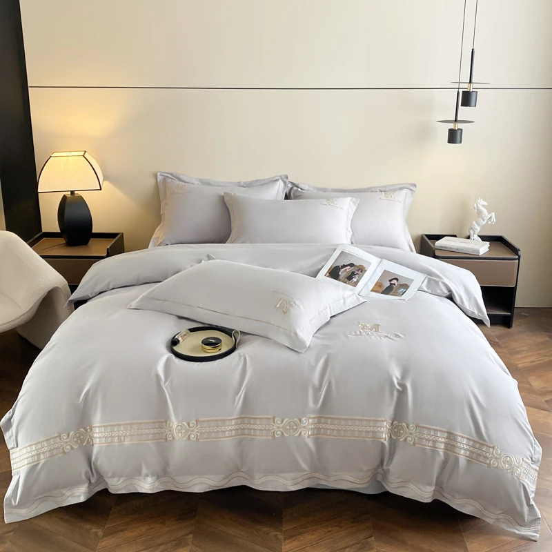 【董事长专属】专柜尾单超精密长绒棉刺绣四件套-艾琳娜-云母灰