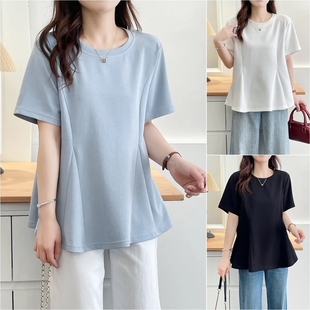 遮肚子法式减龄微胖mm宽松显瘦大板型大码女装套头娃娃衫上衣夏