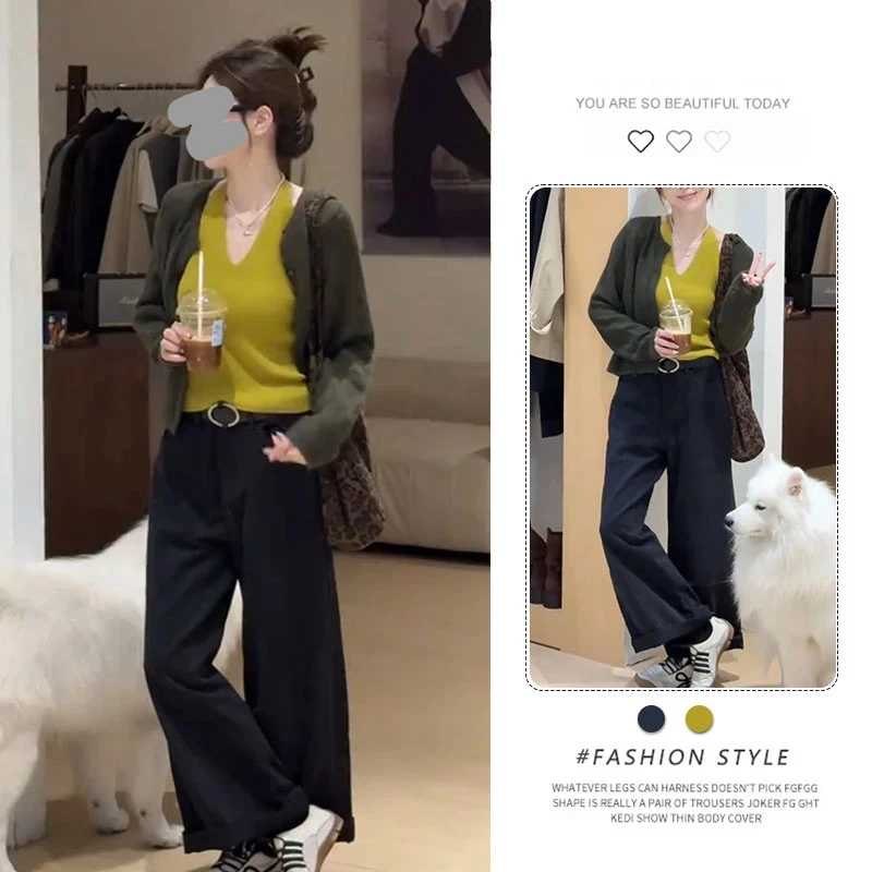 韩系慵懒风长袖针织开衫挂脖吊带背心两件套上衣女秋季穿搭一整套