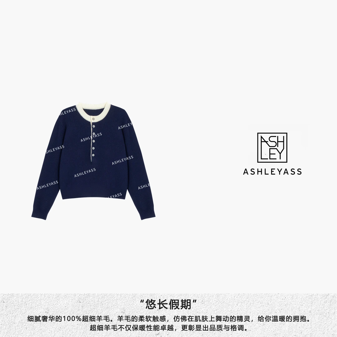 【ASHLEYASS】羊毛衫拼色圆领半纽扣舒适保暖透气毛衫LSS241485C