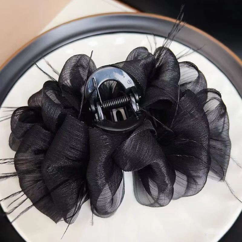 泡泡纱抓夹蝴蝶结羽毛黑色网红新款网纱发夹女后脑勺鲨鱼夹子头饰