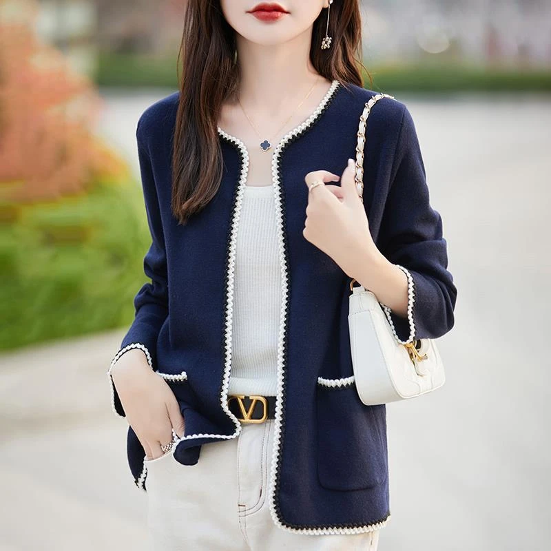 拼色小香风针织外套女士秋冬冬新款绒毛开衫立体花边撞色长袖开衫