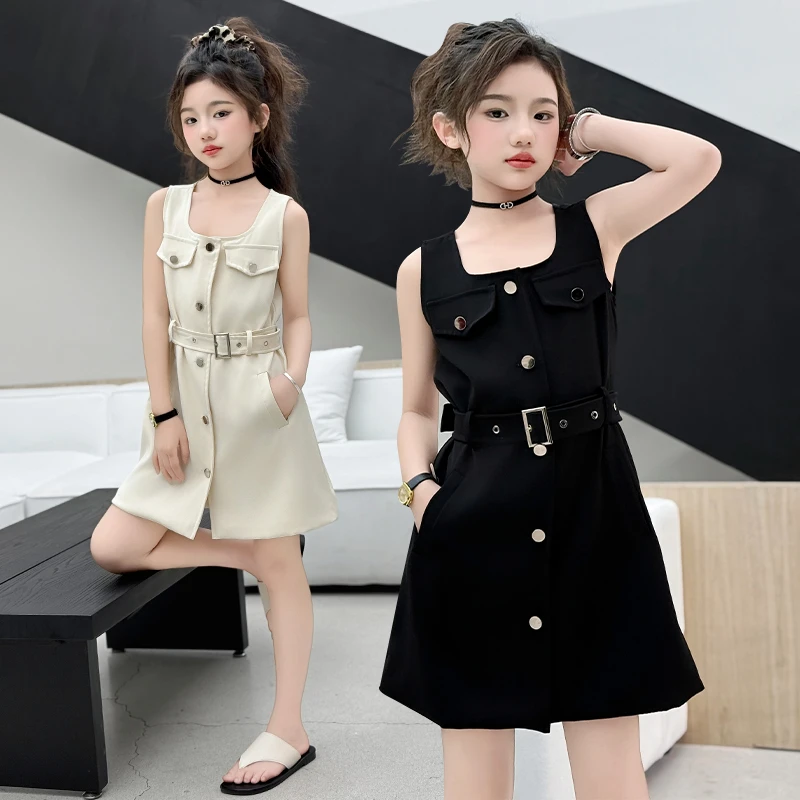 女童夏季工装风高腰无袖侧拉链连衣裙2025新款气质收腰网红夏季