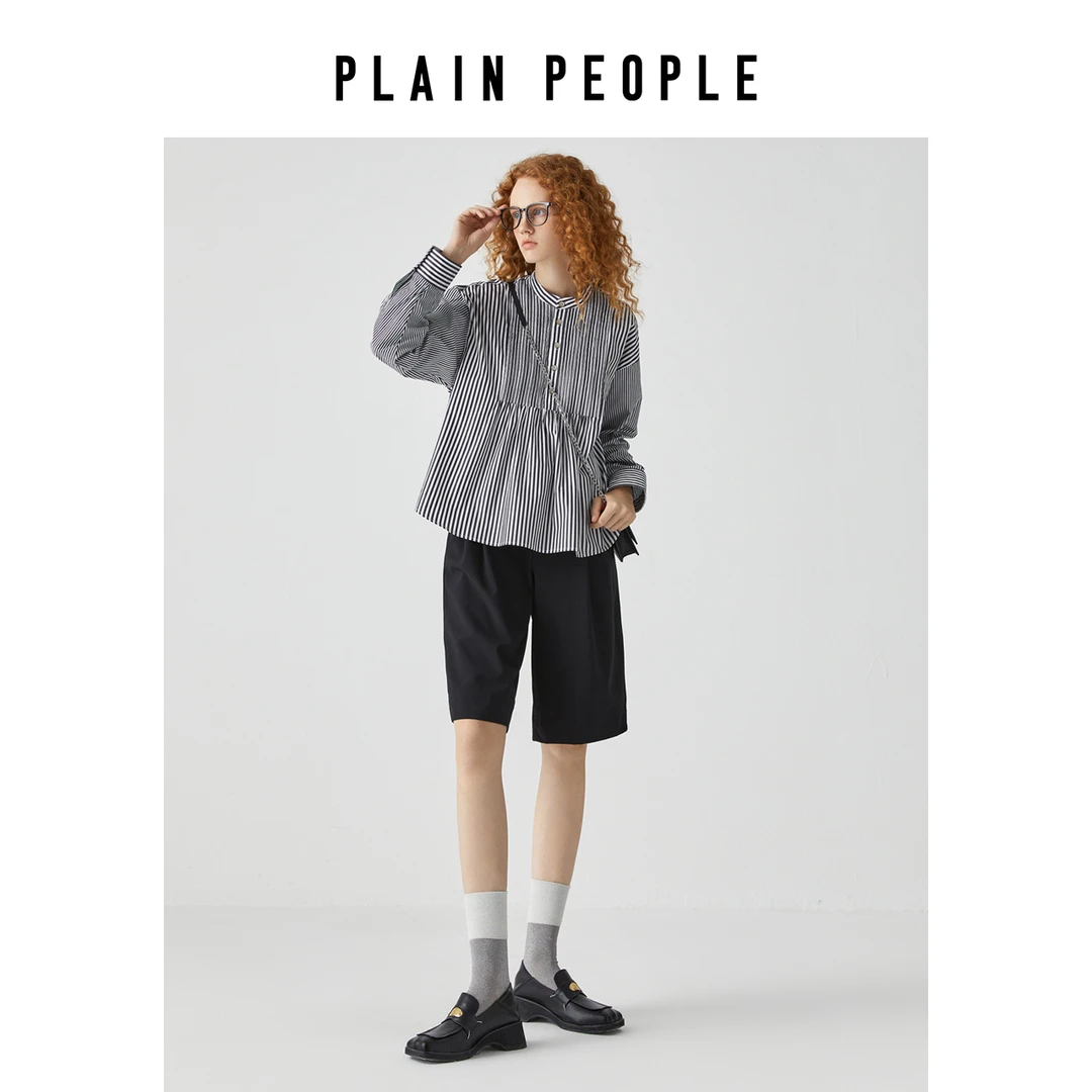 PLAIN PEOPLE【个性条纹】法式学院宽松立领长袖衬衫女2025春季款