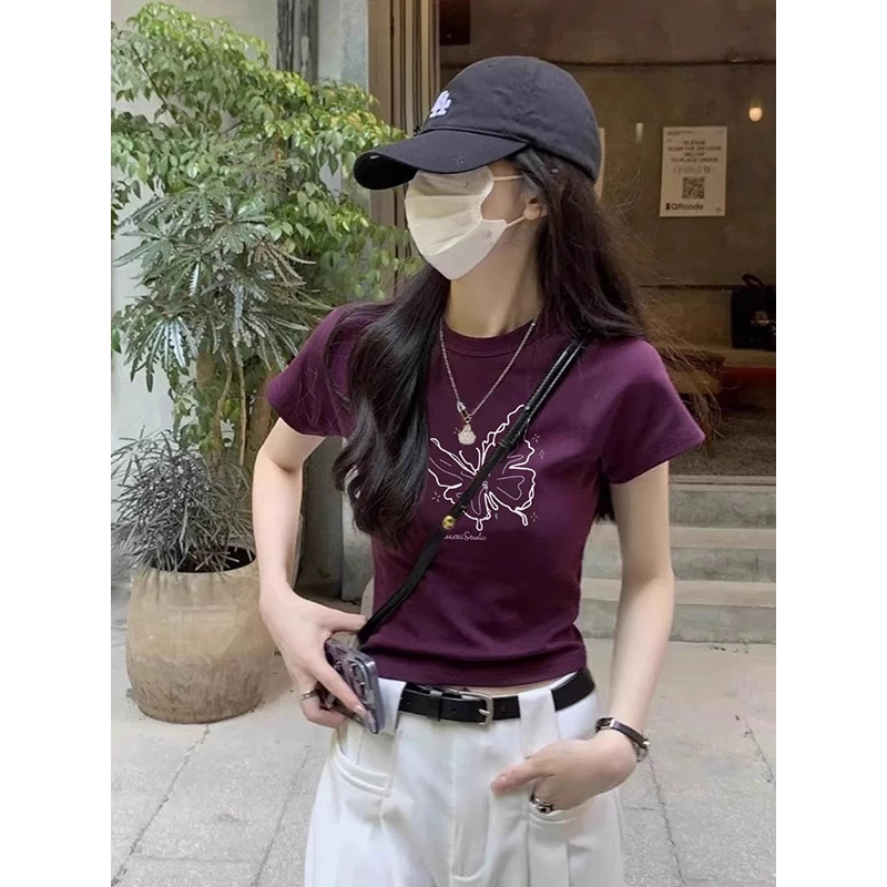 欧货紫色正肩修身短袖T恤女2025年夏季新款甜辣小个子圆领上衣ins