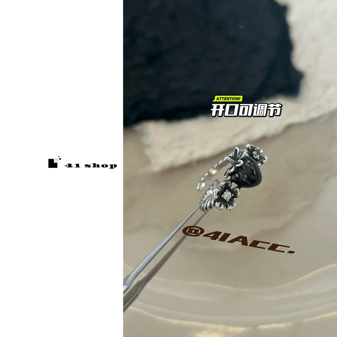 铜合金合成锆石戒指 B-1   黑色草莓小花花锆石叠层戒指