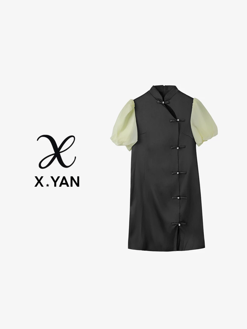 657夏季显瘦泡泡袖连衣裙黑色设计师休闲6679