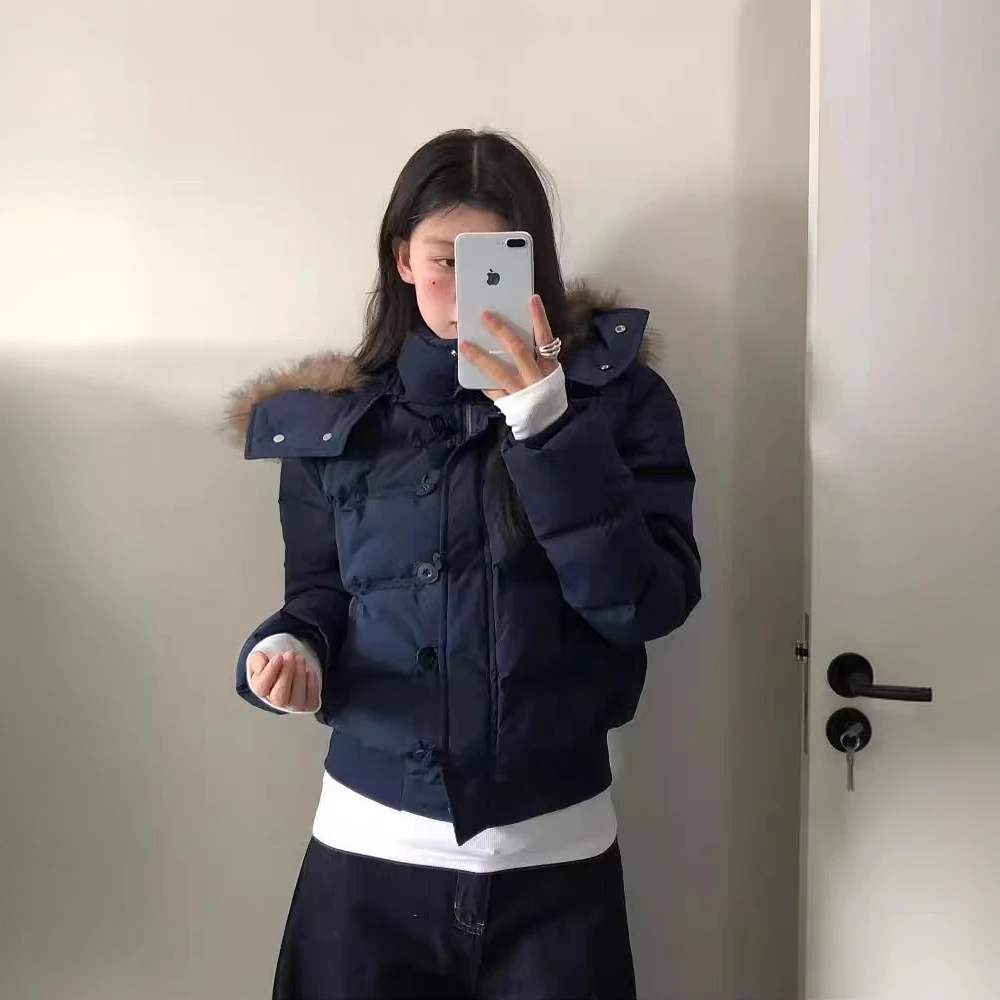 大毛领美式藏青色连帽棉服女2025年冬季新款小个子加厚短款面包服