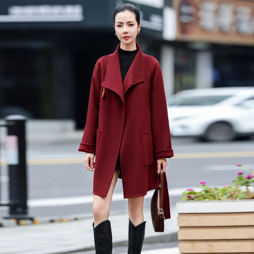 高级感双面羊毛绒大衣女款2025新款秋冬韩版系带收腰显瘦毛呢外套