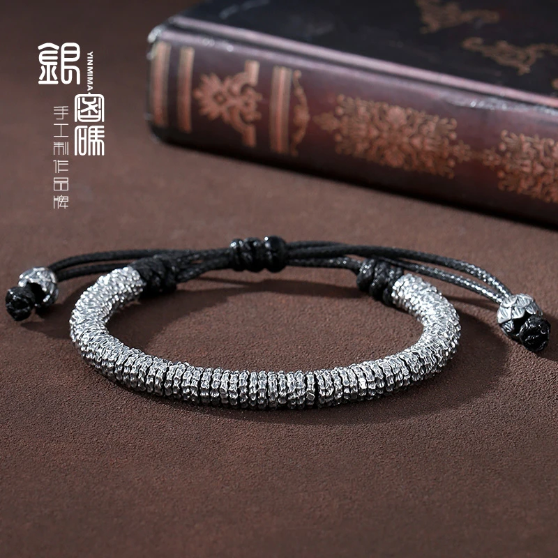 足银手链 999纯银银盘手串手工盘缠男女款古法国风碎银几两手串