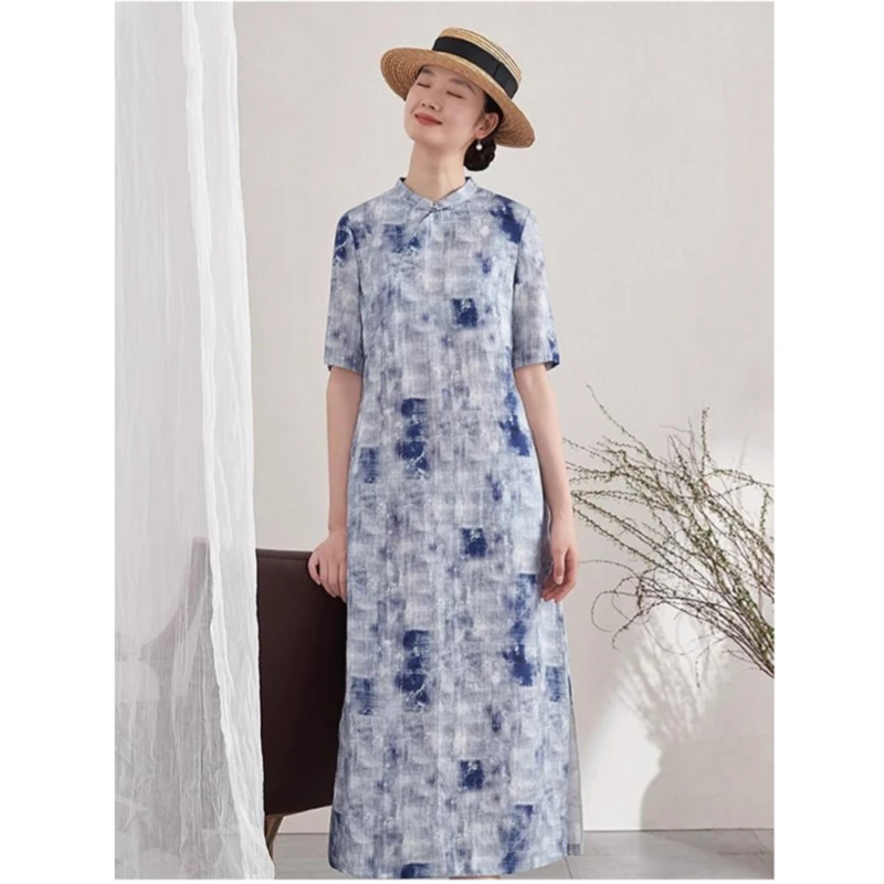 新中式改良旗袍中长款复古印花盘扣国风文艺立领连衣裙女2025夏季