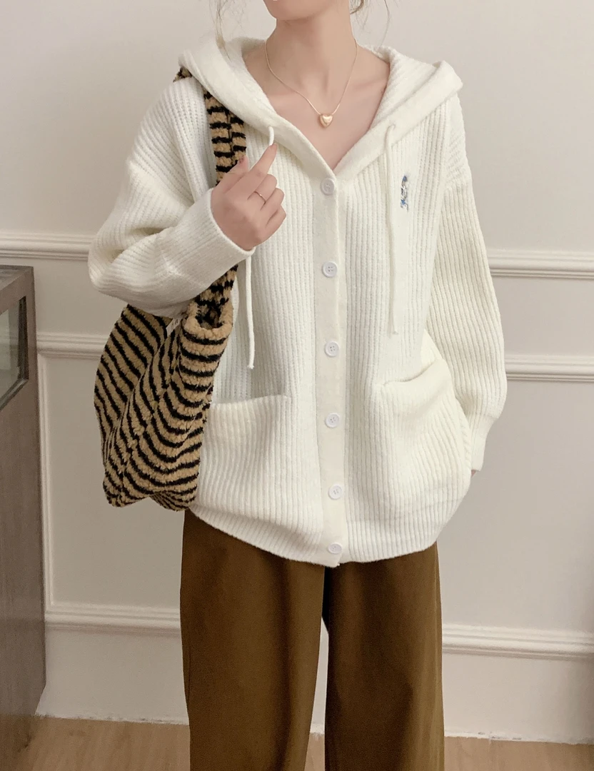 0983  韩国ins宽松慵懒风bf显瘦大连帽针织毛衣开衫外套