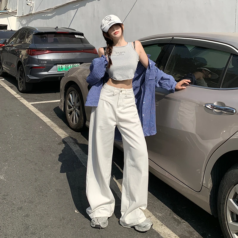 2025春季好货白色高腰直筒牛仔裤前口袋设计阔腿垂感拖地裤长裤